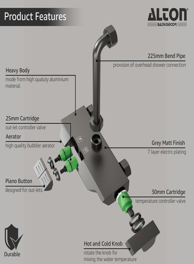 ALTON ALM35015, Modern Wall Mixer for Bathroom with 225mm L-Bend Set | Shower System | Shower Mixer for Bathroom with Handy Storage Space for Essentials | Mixer Tap | Grey - Image 4